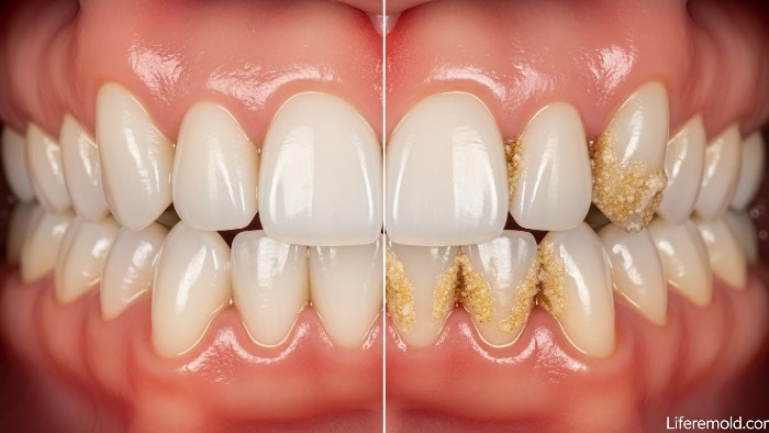 Side by side comparison of healthy teeth and calculus bridge teeth