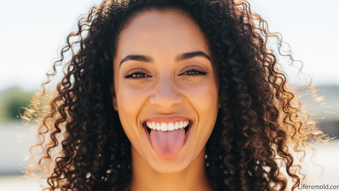 Happy person with healthy tongue smiling confidently