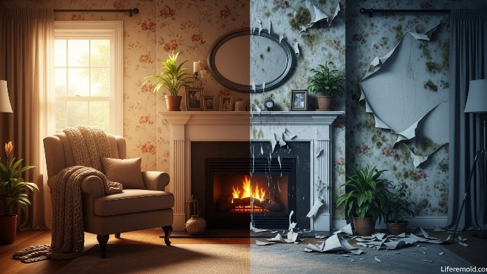 Before and after view showing mold hidden behind house walls