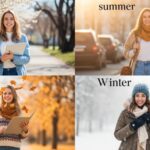 Woman experiencing lifestyle changes across four different seasons showing seasonal impacts