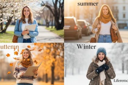 Woman experiencing lifestyle changes across four different seasons showing seasonal impacts