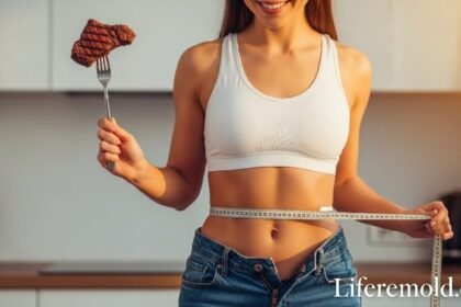 Fit woman showing weight loss results holding a steak, representing how to lose weight fast without starving.