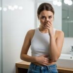 Woman concerned about body odor smelling herself through pants