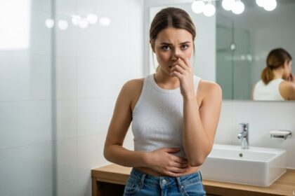 Woman concerned about body odor smelling herself through pants