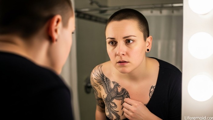 Person checking rib tattoo in mirror for healing issues