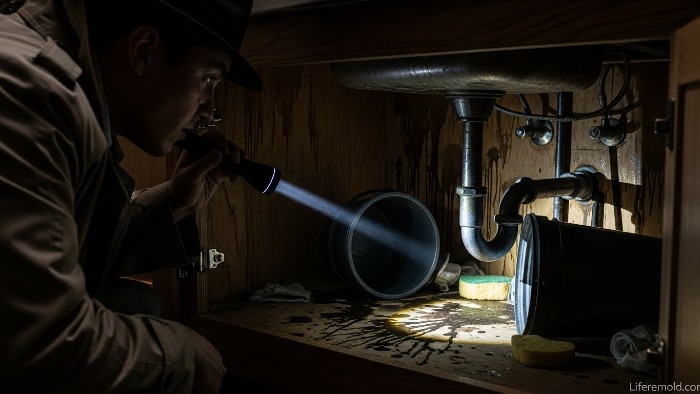 Person using flashlight to locate hidden mold smell source in home