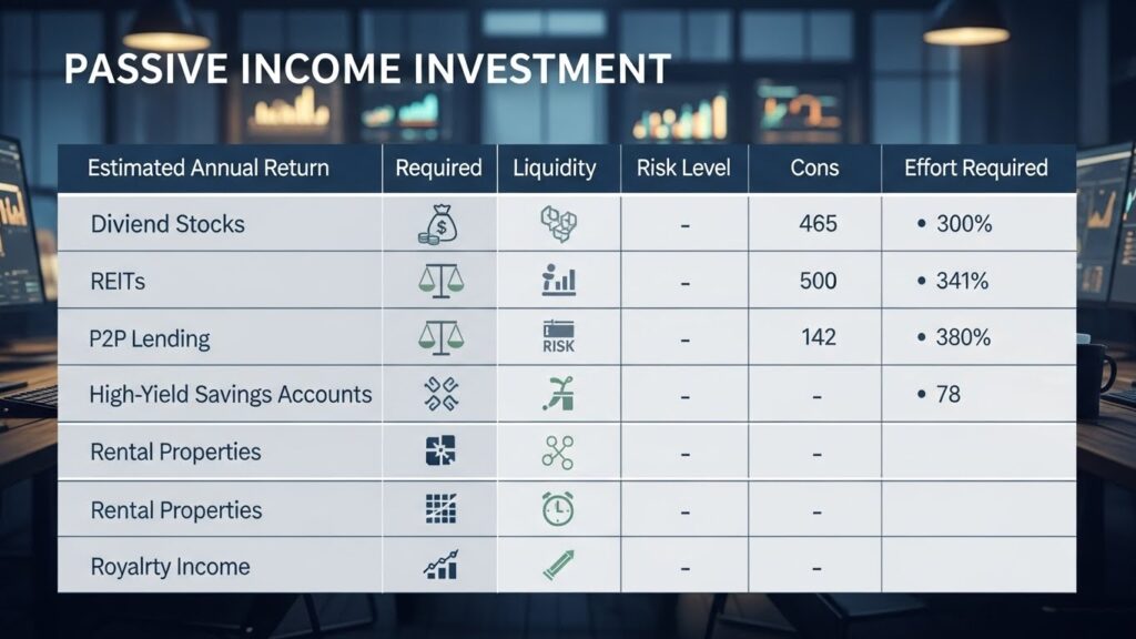 Passive income ideas 2026 investment options showing yields and risk levels