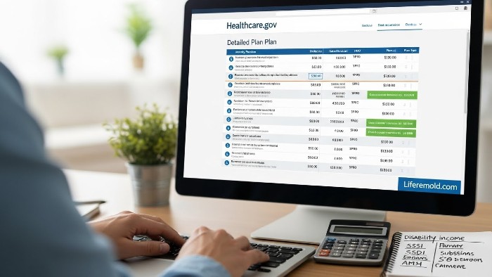 Healthcare marketplace website showing insurance plans for disability recipients