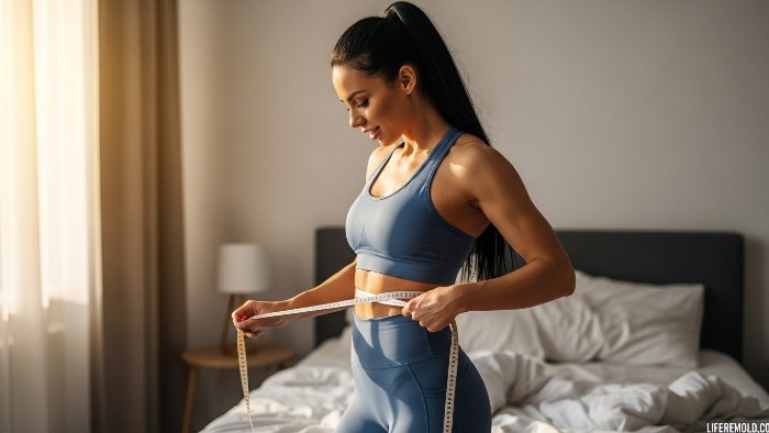 Woman measuring waist showing positive results from semaglutide appetite suppression