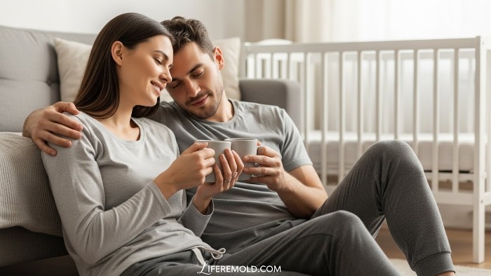 Couple drinking coffee together discussing baby sleep training and relationship health.