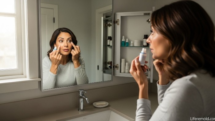Woman properly applying prescribed eye drops after cataract surgery