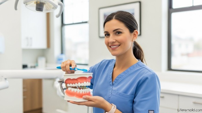 Dental professional demonstrating correct tooth brushing method to prevent calculus bridge
