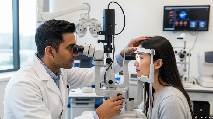 Ophthalmologist performing detailed eye examination for cataract diagnosis