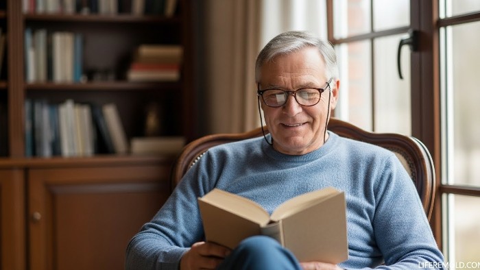 Senior man enjoying reading with clear vision after successful cataract surgery