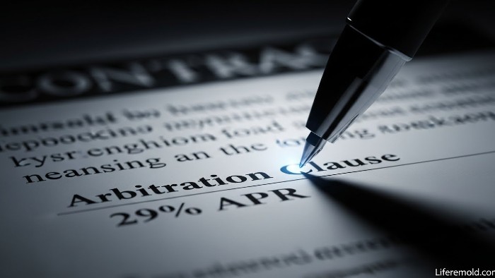 Close up of high interest rate and arbitration clause in lending contract