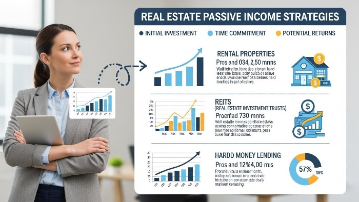 Passive income business ideas in real estate showing investment requirements and returns