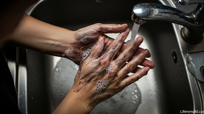 Hands covered in hair dye being washed with soap demonstrating how to get hair dye off of skin on hands