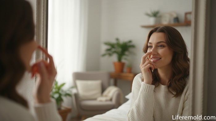 Happy woman admiring her rhinoplasty results in mirror