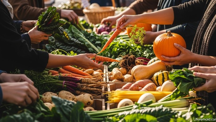 Selecting fresh seasonal vegetables at local farmers market