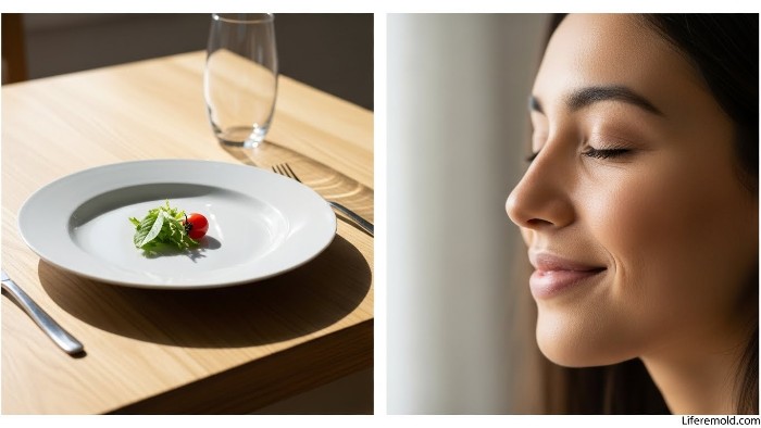 Woman feeling satisfied with small food portion due to semaglutide appetite control