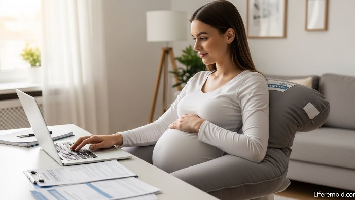 Pregnant woman managing health insurance and disability benefits during maternity leave