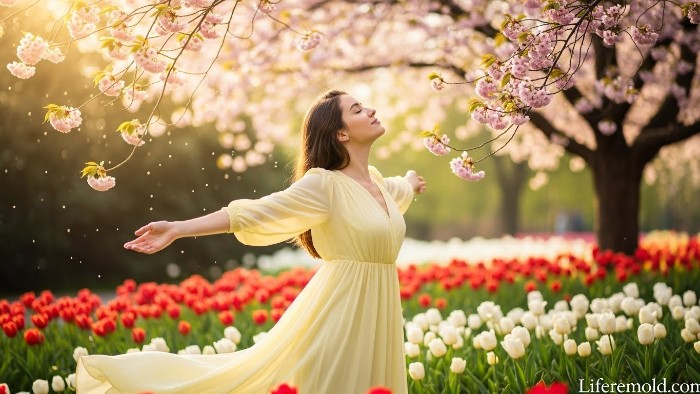 Woman embracing spring renewal energy in blooming flower garden