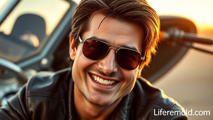 Tom Cruise looking attractive and confident in sunglasses and leather jacket.