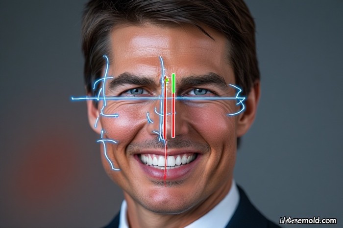 Diagram showing the dental midline shift and facial symmetry of Tom Cruise.