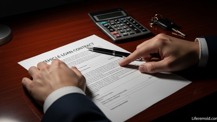Reviewing car finance paperwork and loan balance.