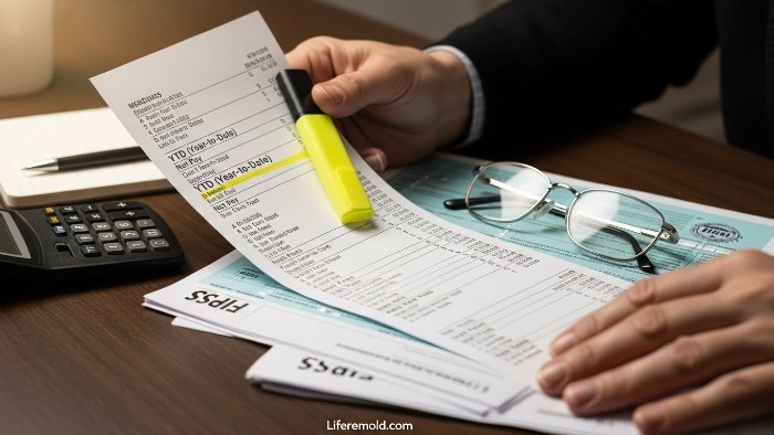 Person examining paycheck stub highlighting YTD and tax withholding information