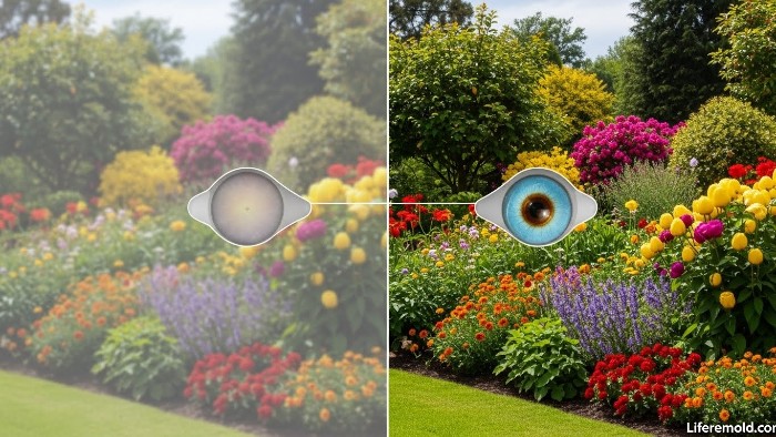 Visual comparison showing cloudy cataract vision versus clear post-surgery vision