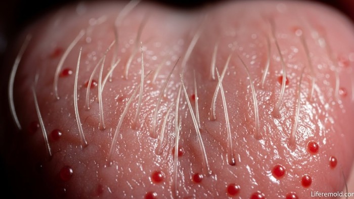 Close-up of black hairy tongue condition showing elongated papillae