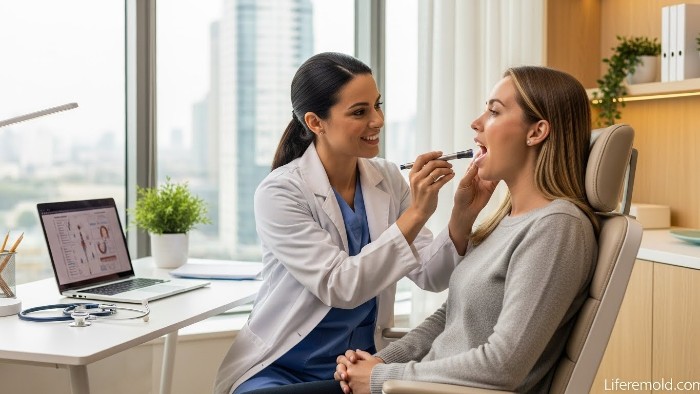 Doctor examining patient tongue during medical consultation