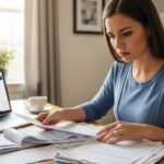 Woman reviewing health insurance documents while on disability leave at home