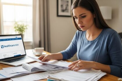 Woman reviewing health insurance documents while on disability leave at home