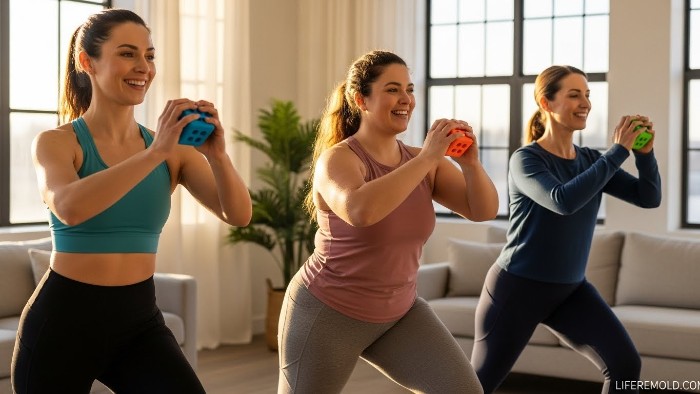Diverse fitter body ladies enjoying cube workouts together at home
