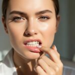 Close-up of woman inspecting gum line for tartar buildup and calculus bridge