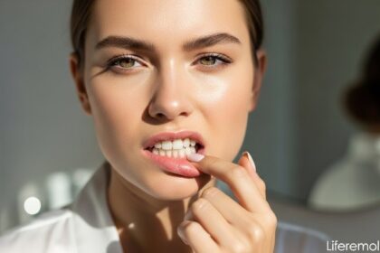 Close-up of woman inspecting gum line for tartar buildup and calculus bridge
