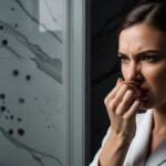 Attractive woman covering nose due to mold smell in house bathroom