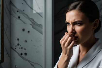 Attractive woman covering nose due to mold smell in house bathroom