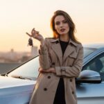Attractive woman holding car keys ready to trade in a financed vehicle.