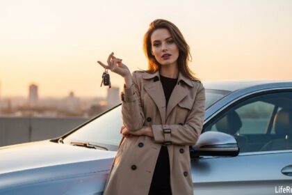 Attractive woman holding car keys ready to trade in a financed vehicle.