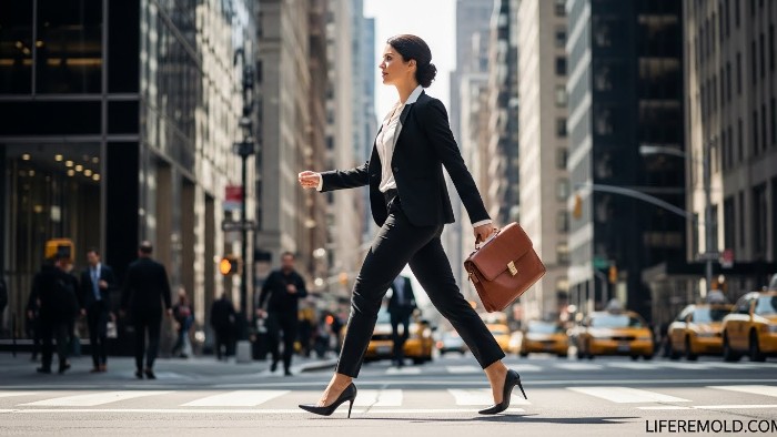 Professional woman in a black suit working in the finance industry.
