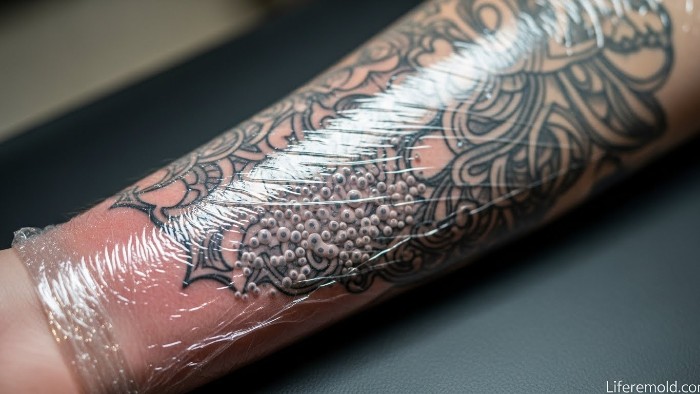 Tattoo wrapped in plastic showing plasma buildup