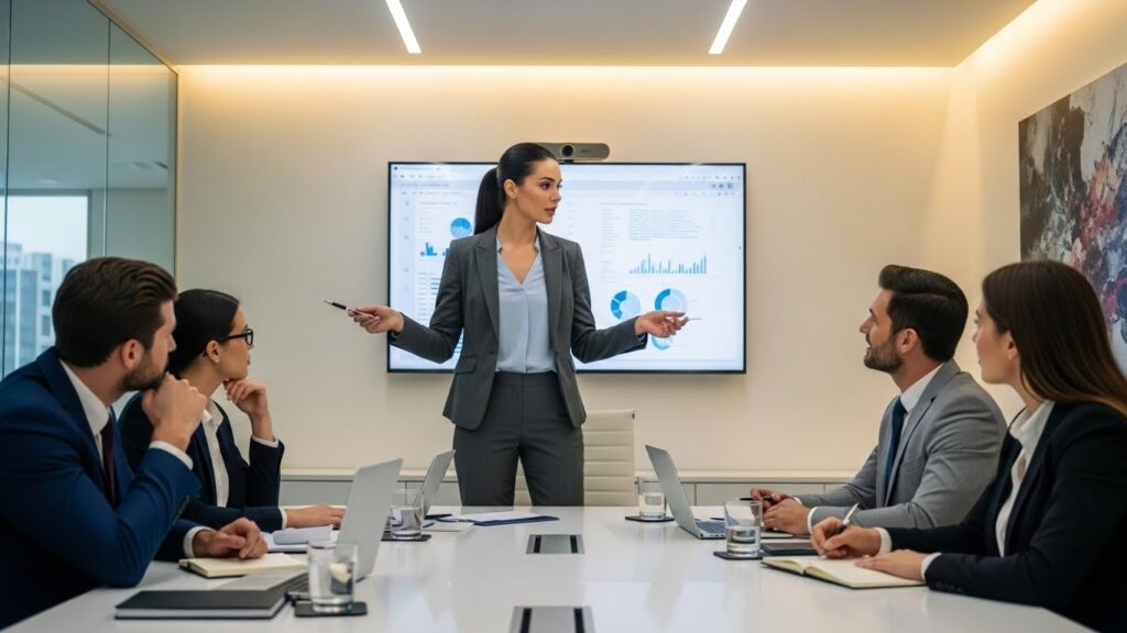 Professional using impromptu public speaking tips during a business meeting