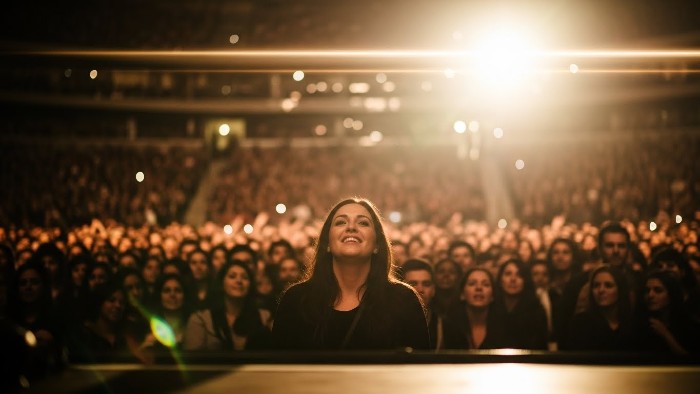 Speaker making eye contact with a single audience member to build connection
