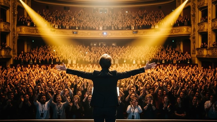 Audience applauding a speaker who has overcome their fear of public speaking
