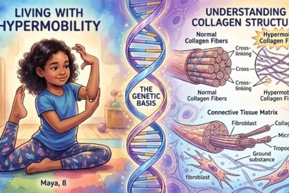Child showing hypermobility and joint flexibility characteristic of Ehlers-Danlos Syndrome with medical collagen diagram