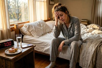 Exhausted woman sitting on the edge of her bed in morning sunlight surrounded by an alarm clock, phone, and unhealthy breakfast — representing the five morning habits that cause daily fatigue