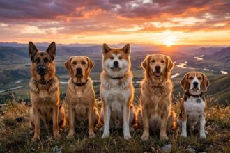 Five most loyal dog breeds including German Shepherd, Labrador Retriever, Akita, Golden Retriever, and Beagle sitting together at golden hour sunset showcasing unconditional devotion